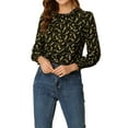 thumbnail image 5 of INSPIRE CHIC Women's Smocked Cuffs Keyhole Back Ruffled Crew Neck Floral Blouse Black S, 5 of 6