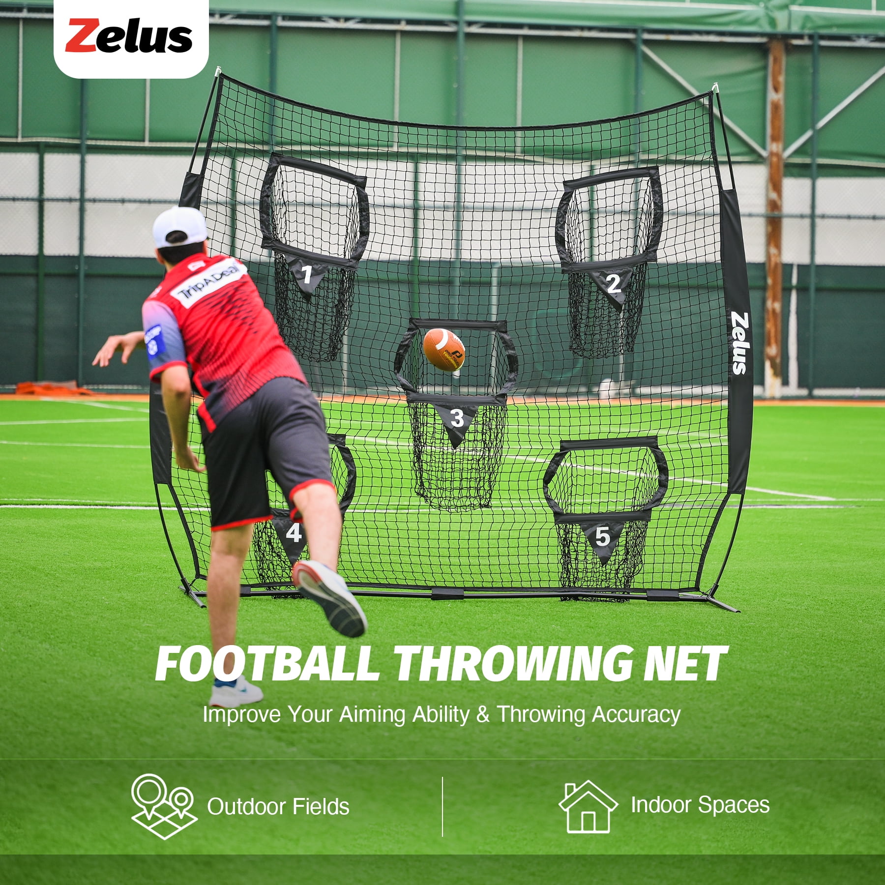 7x7ft Football Throwing Net with 5 Targets - Quarterback Training Gear for All Ages, Includes Carry Bag & Stakes, Black
