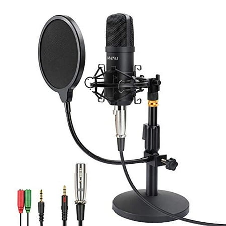 Professional Studio Condenser Microphone Computer PC Microphone Kit with 3.5mm XLR/Pop Filter/Scissor Arm Stand/Shock Mount for Professional Studio Recording Podcasting Broadcasting Black