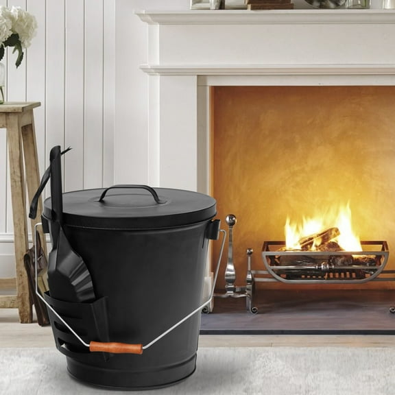 SuperDeal 5 Gal Iron Ash Bucket W/Lid & Shovel for Fireplace, Black