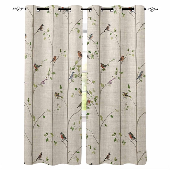 Sparrow Kitchen Curtains Spring Birds on The Branches Retro Country Beige Cafe Short Curtains for Bathroom Blackout Window Curtain Small Window Treatment Drapes for Bedroom Living Room 52"x45"x2