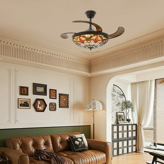 Tiffany Ceiling Fan with Light Glass Shade , LED Retractable Chandelier Stained