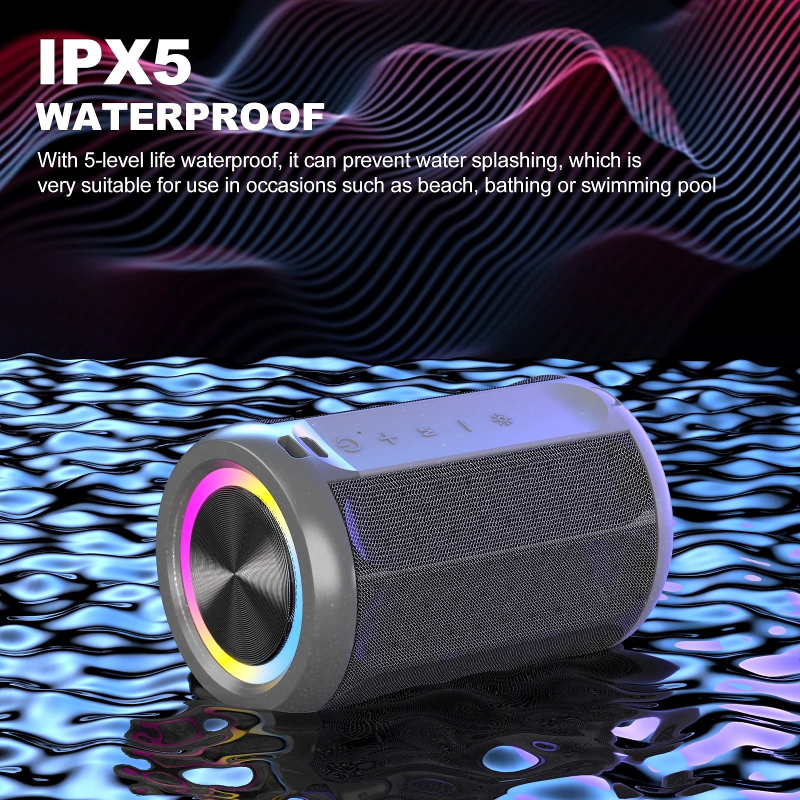 Jierben Waterproof Speaker, 12W Portable Bluetooth Speaker, LED Lights, Portable Outdoor Wireless Speaker for Shower, Beach, Travel, Gift Ideas, Gray