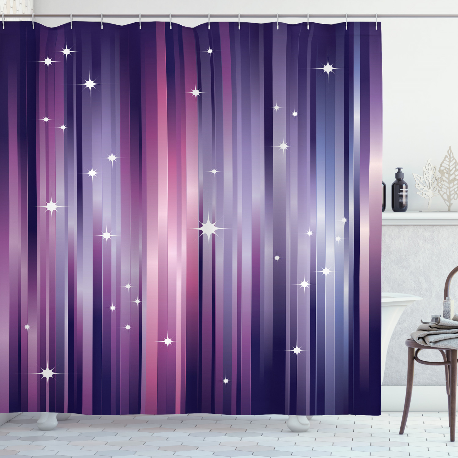 Eggplant Shower Curtain, Abstract Colourful Beams Backdrop with White Stars Space Inspired