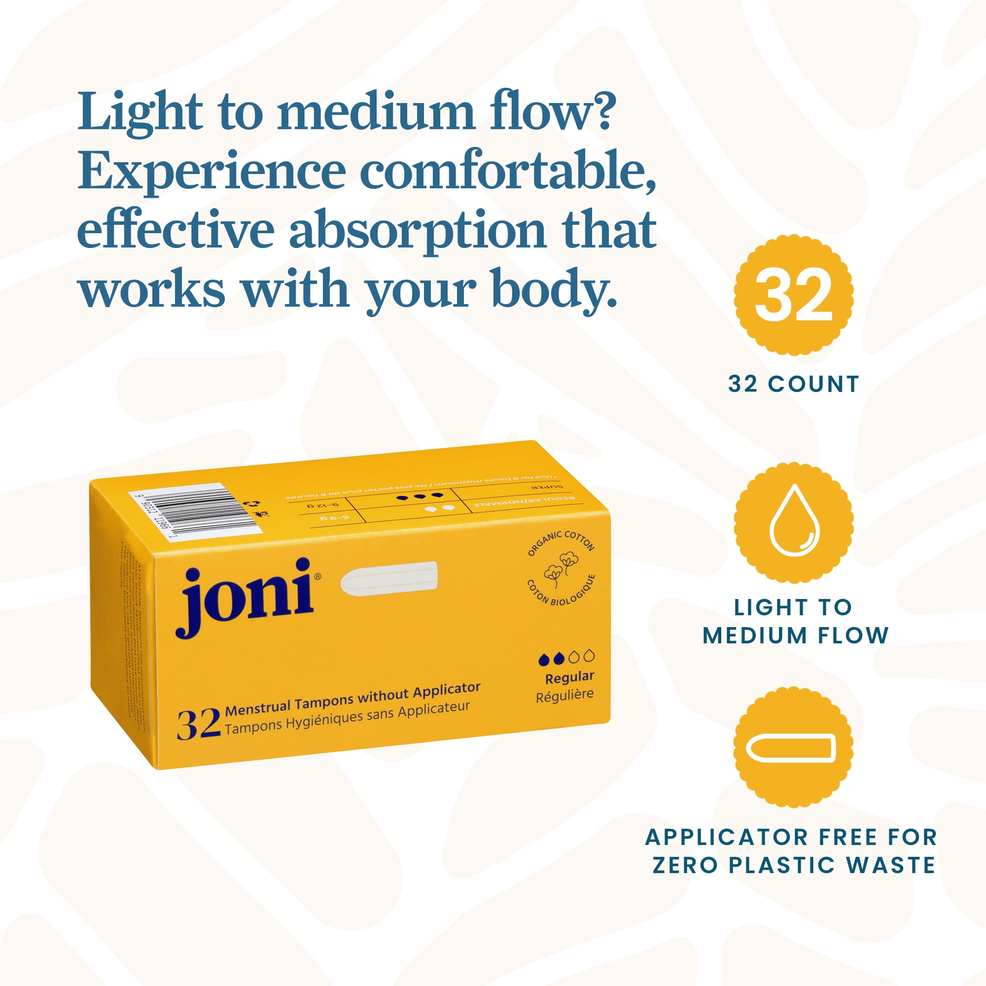Tampons réguliers en coton biologique joni, 32 unités