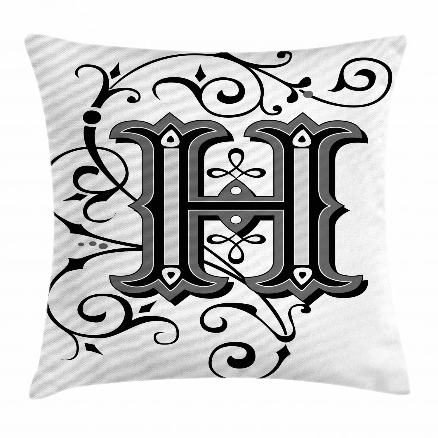 Letter H Throw Pillow Cushion Cover, Calligraphy Elements in Uppercase Letter H Design from