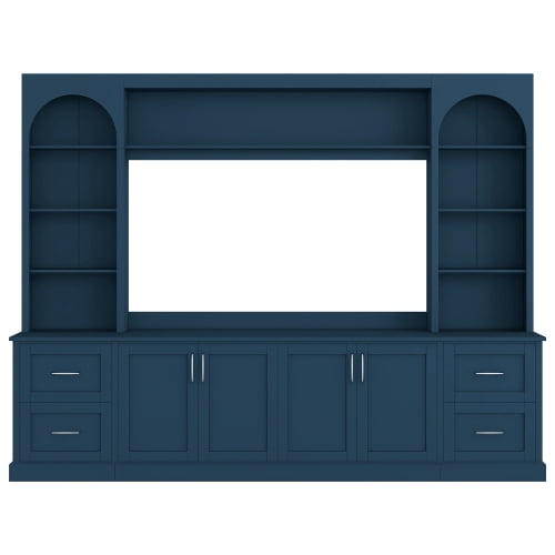 Modern Arched Farmhouse TV Stand for TVs up to 65 Inches, Entertainment Center with Drawers, Cable Holes and Adjustable Shelves, Blue