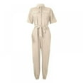 thumbnail image 4 of Xmarks Jumpsuits for Women Elegant Short Sleeve Button Down Casual Long Wide Leg Pants with Belt, Beige, S, 4 of 8