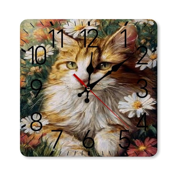 RKSupls 10×10inch Square Silent Wall Clock Wooden Frame, Cat Daisies Garden Scale Decorative Clock for Home Bedroom Living Room Office
