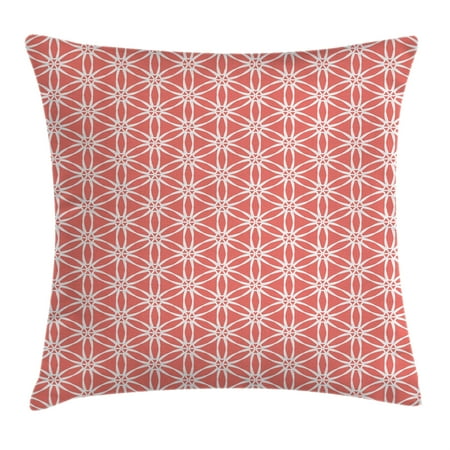 Crochet Pillow Covers (Coral Decor Throw Pillow Cushion Cover, Simplistic Linear Sunflower Tied Bound Crochet Damask Floral Lace Tiles Motif, Decorative Square Accent Pillow Case, 18 X 18 Inches, Coral White, by)