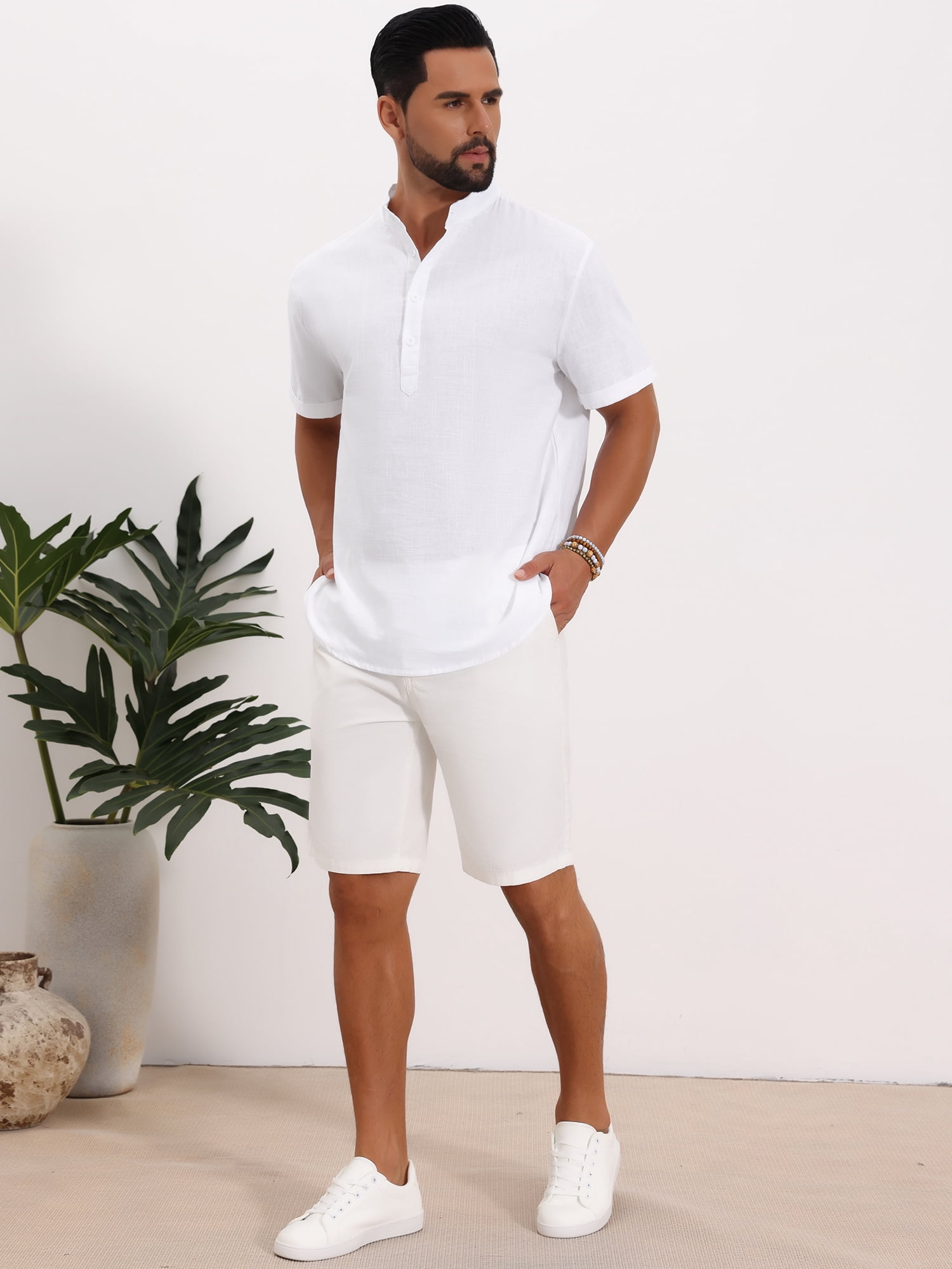 DARING DIVA Men's Solid Color Stand Collar Short Sleeve Henley Shirts 2XL White