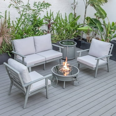 LeisureMod Walbrooke Modern Aluminum 5-Piece Patio Conversation Set with Outdoor Round Fire Pit Slats Design & Side Table Tank Holder, Light Grey
