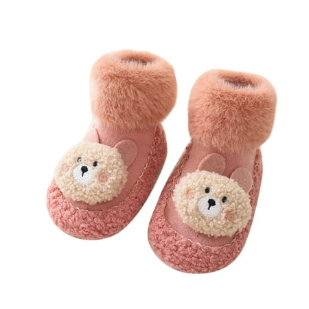 

JDEFEG Baby Girl Casual Winter Children Todler Boys and Girls Socks Shoes Flat Bottom Non Slip Plush Warm and Comfortable Cute Bear Trainer Shoe Cotton Pink 12