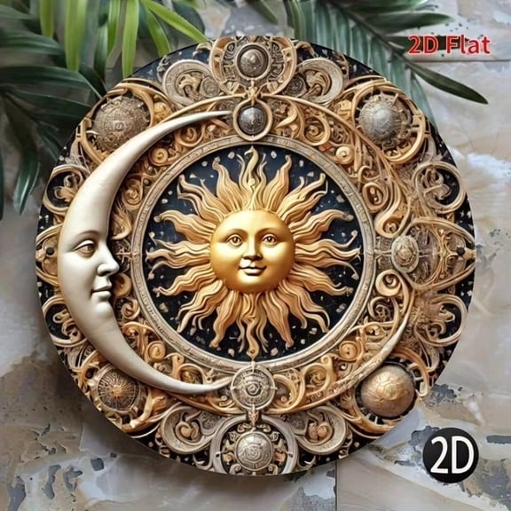 HELLOYOUNG Vintage Tin Sign Wall Decor 8x8 Inch Sun Moon Metal Wall Art, Retro Home Bar Cafe Garden Decor, Round Aluminum Sign for Indoor Outdoor