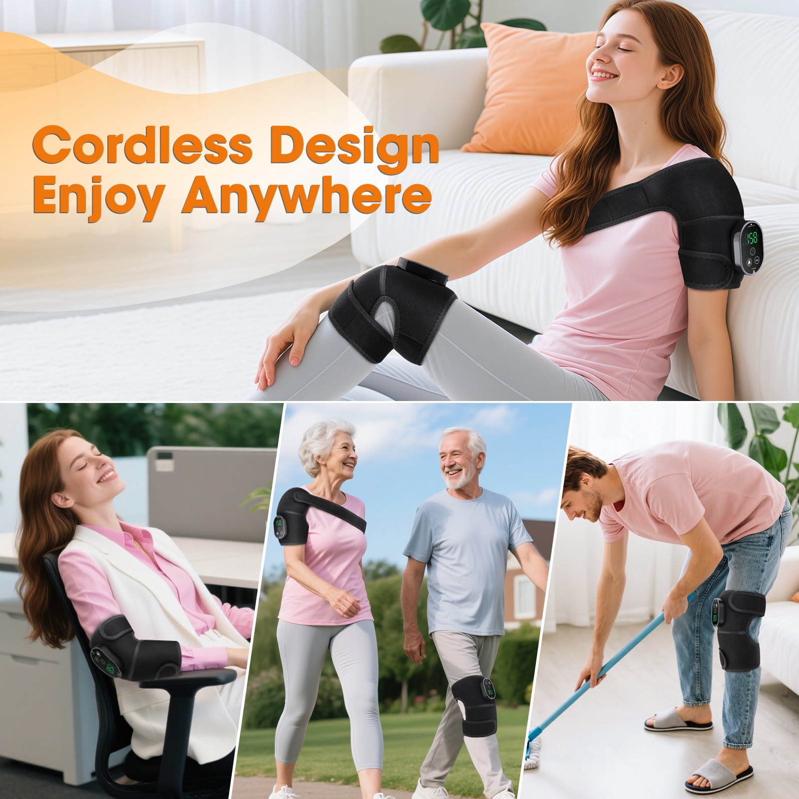 Cordless Heated Knee Massager, 3 in 1 Knee Massager with Heat and Vibration, Portable Electric Massage Knee Heating Pad for Elbow Shoulder Brace Wrap, 3 Vibration Heat, LED Display