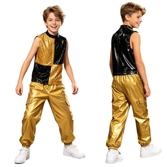YiZYiF Boys Sparkly Sequins Sleeveless Vest with Metallic Pants Jazz Hip Hop Dance Set Disco Party Streetwear Gold 16
