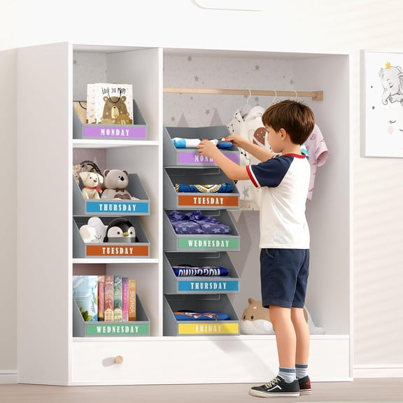Closet Organizers Storage Bins - Clothes Organizer Kids with Weekly Labels & Frame, Stackable Basket Organization, Foldable Shelf Storage Container for Wardrobe Bedroom