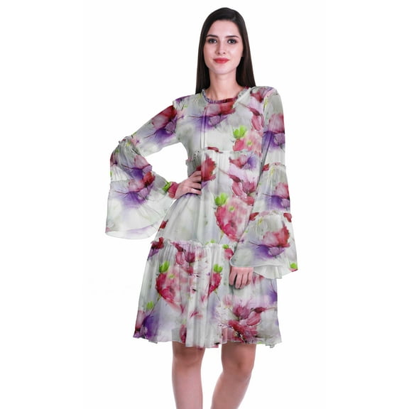 Moomaya Womens Long Sleeve Printed Knee Length Dress Flared Flowy Summer Dress