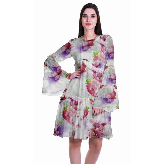Moomaya Robe Longue à Manches Longues Imprimée Longueur Genou Robe d'Été Évasée et Fluide