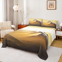 Feelyou Nature Mountain Teens Bed Sheets, Modern Western Landscape King Sheets, Gold Sheet Set, Microfiber Bedroom Decor, 4 Pieces