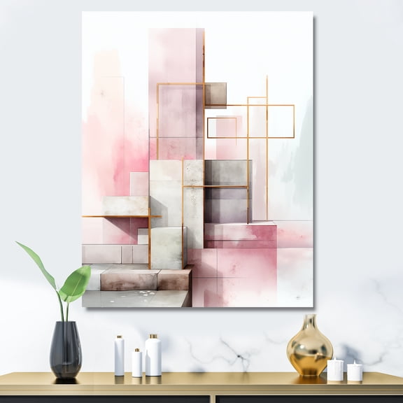 Designart "Realms Dimensions in Pink and Grey" Abstract Canvas Wall Art - Modern Grey Abstract Collages Entryway Wall Art Print