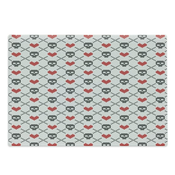Skull Cutting Board, Geometric Skulls and Hearts Crosses Stitch Work Knitted Nordic Pattern Print, Decorative Tempered Glass Cutting and Serving Board, Large Size, Grey Red Coconut, by Ambesonne