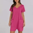 thumbnail image 6 of Womens Rompers for Casual Short Sleeve Jumpsuits V Neck Loose Overall Shorts with Pockets Summer Outfits, S Hot Pink|Short-sleeved, 6 of 8