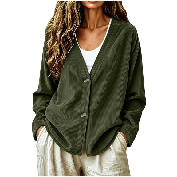 Qgtaibl Womens Button Down Blouse Corduroy V Neck Long Sleeve Shacket Jackets Fall Loose Fit Casual Cardigan Tops Army Green M