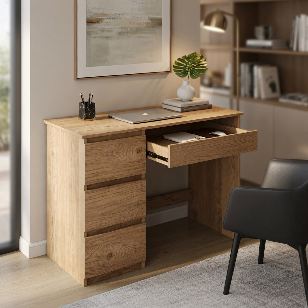 Spaco Computer Desk with Power Outlet Keyboard Tray and 3 Large Drawers-Natural,