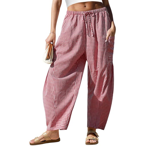 Women's Wide Leg Striped Pants Casual Loose Drawstring Low Waist Palazzo Harem Pants with Pockets Red S