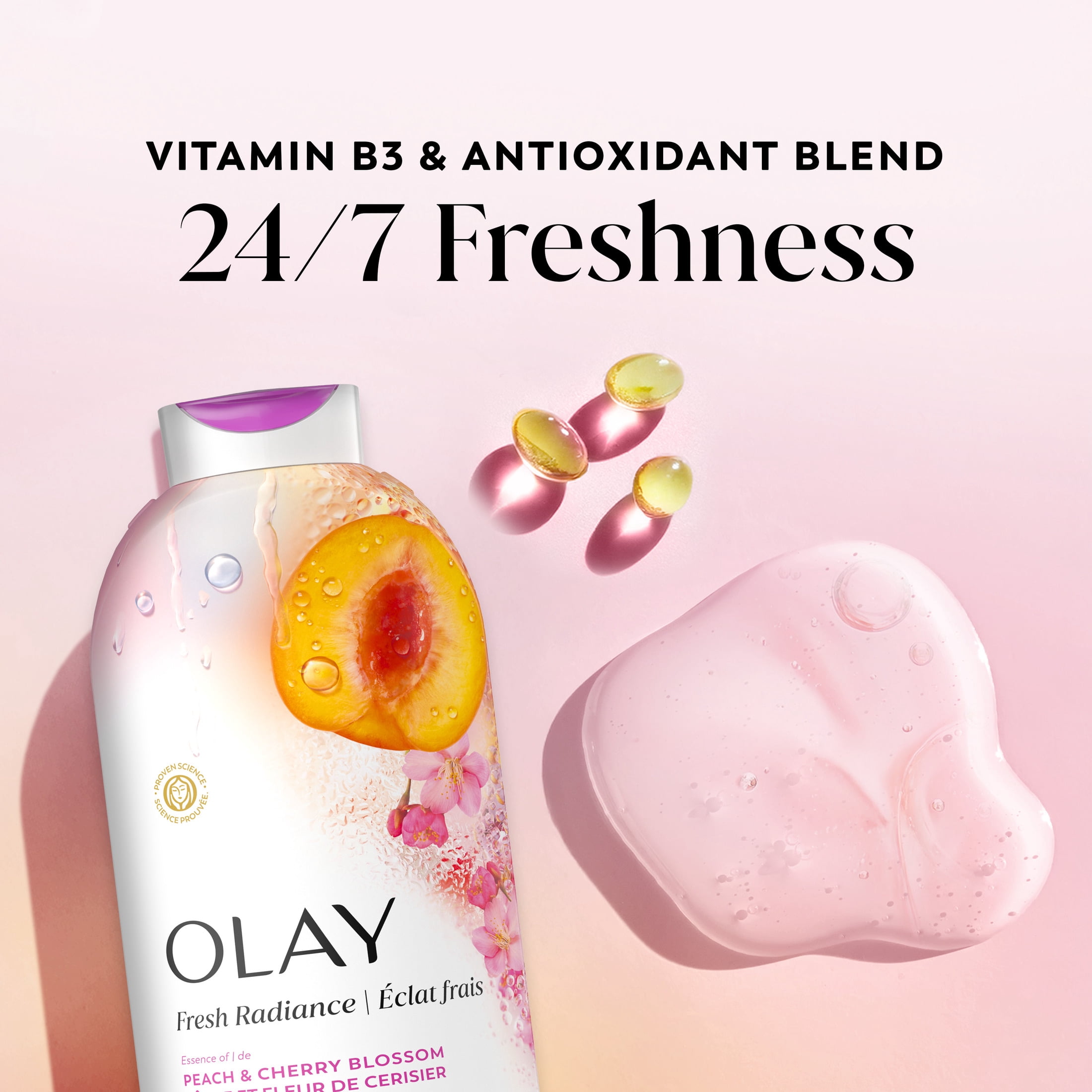 (4 pack) Olay Fresh Radiance Body Wash with Essence of Peach and Cherry Blossom, Vitamin B3 and Antioxidant Blend