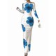 thumbnail image 3 of Vestidos Largos Ajustados con Frunces, de Larga y Estampado Floral para Mujer, para Fiesta, Club y Otoño/. Flores Azules XXL, 3 of 8