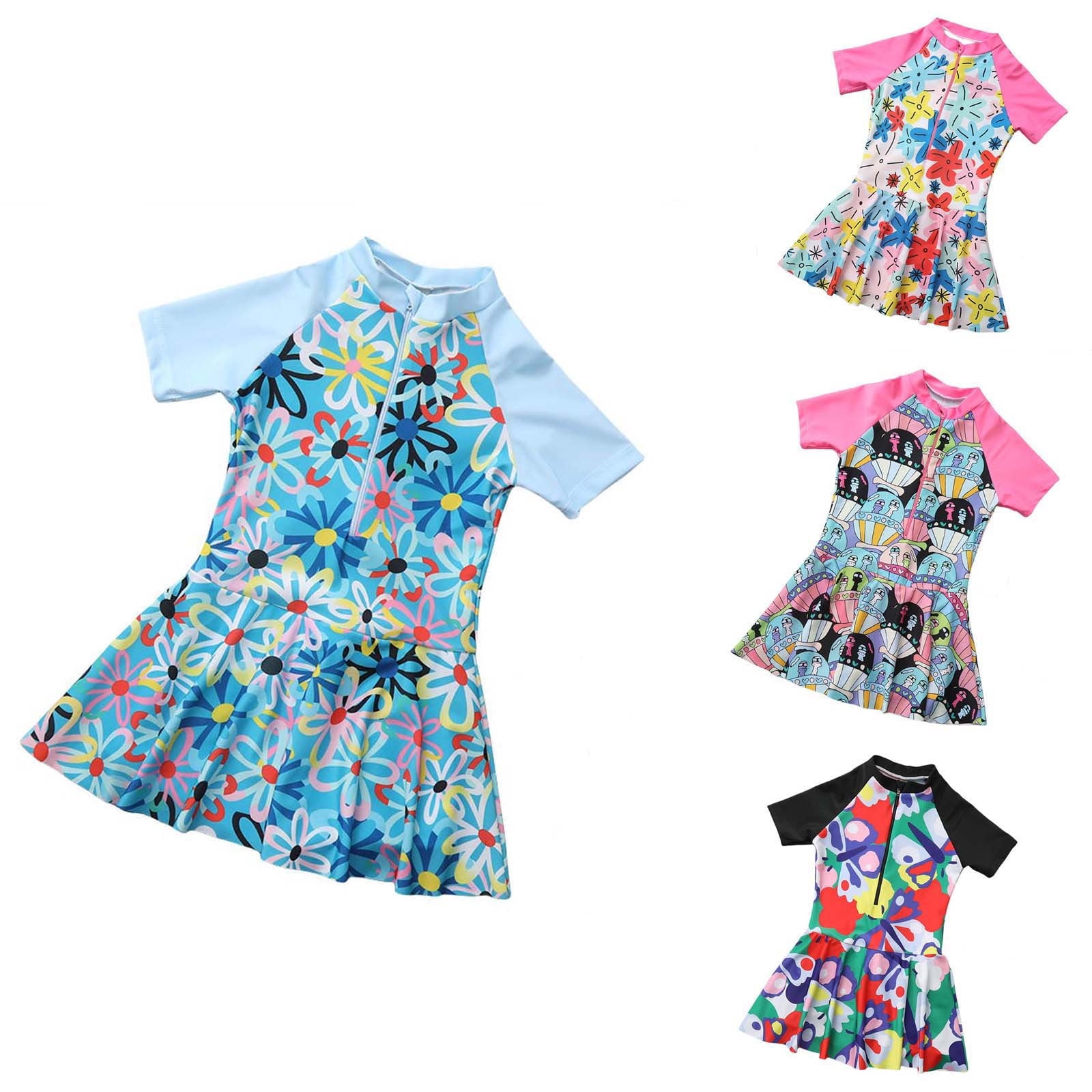 Swimsuits for Girls One Piece Neck Short Sleeve Ruffle Trim Zipper Graphic Print for Beach Baby Bathing Suit Girl Black 18 Months-24 Months
