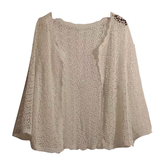 Women Summer Flare Long Sleeve Knitted Cardigan Hollow Out Crochet Mesh Net Open Front Cropped Jacket Thin Lightweight Loose Beach Sweater Cover Up Top