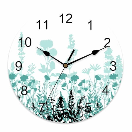 Wall Clock 12 Inch Rustic Field Round Silent Decorative Wall Clocks Battery Operated for Living Room Bedroom Kitchen Classroom Decor, Silhouette Flower Herb Turquoise Black,Large