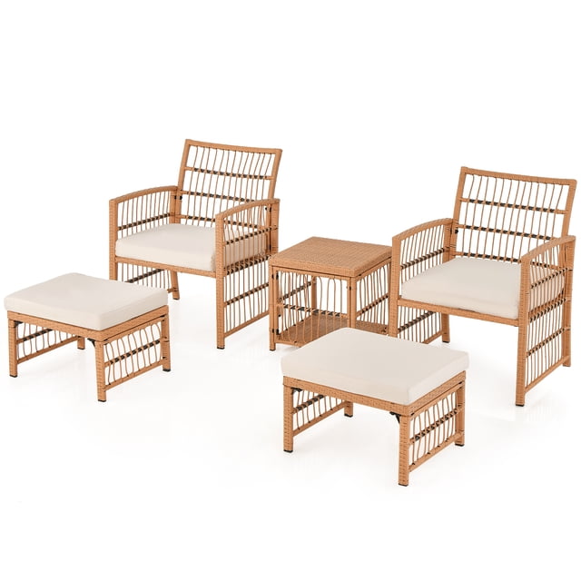 Gymax Ensemble de Conversation de Patio en Rotin Osier 5 Pcs avec Table à Café à 2 Niveaux et 2 Ottomans