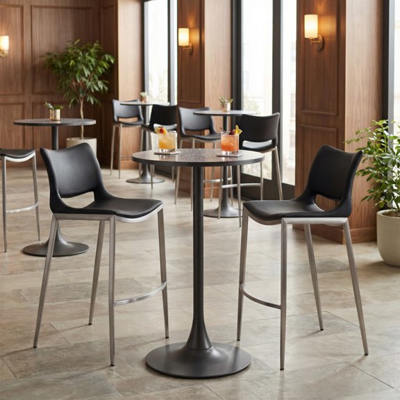 Bite Bar Table Gray & Black Bar Table, Modern Style, Faux Terrazzo MDF round shape tabletop, Steel, Indoor Bar