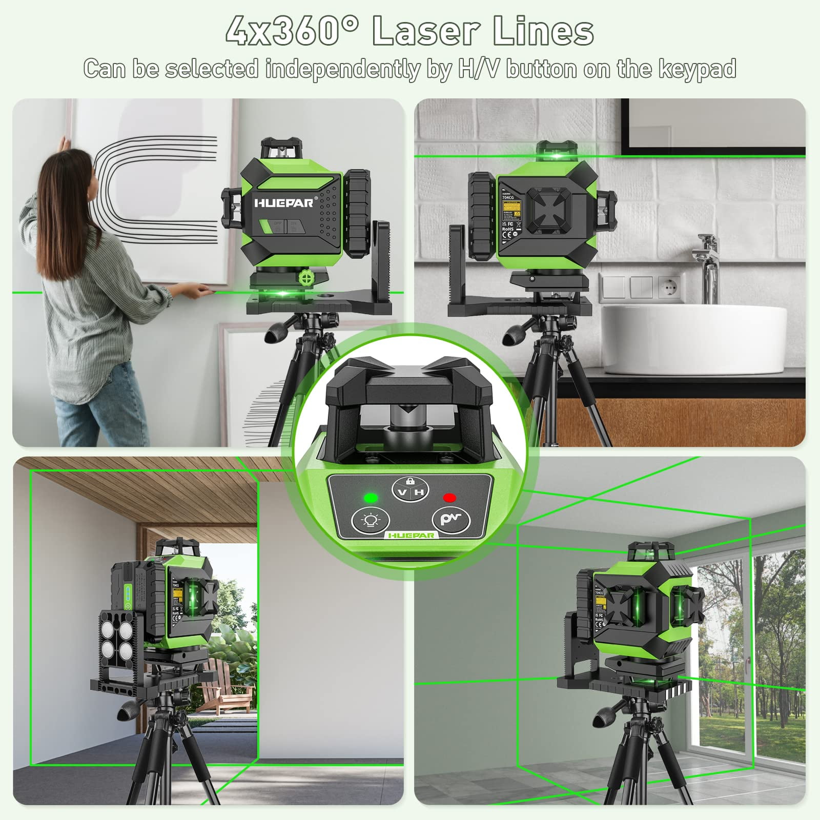 Huepar 4x360 Laser Level 16 Lines Green Beam – Self-Leveling 4D Cross Line Tiling Tool With 2 Batteries & Hard Case (LS04CG)