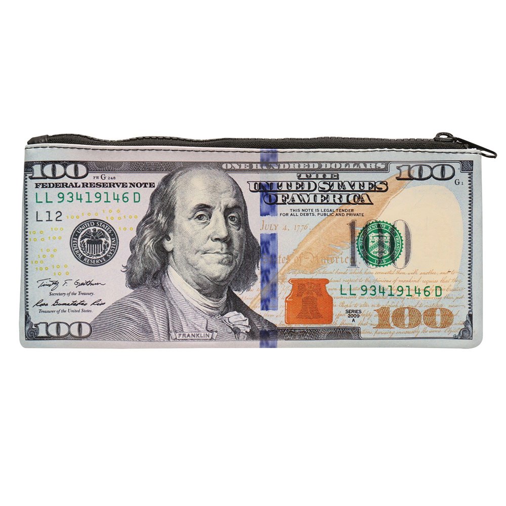 100 Bank Note Zipper Pouch Hundred Dollar Bill Print 9.25" x 4.25