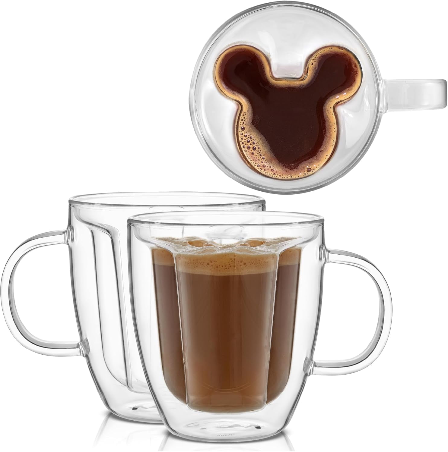 JoyJolt Disney Mickey Mouse 3D Espresso Cups - Set of 2 - 5.4 oz Double-Wall Insulated Glass Mugs