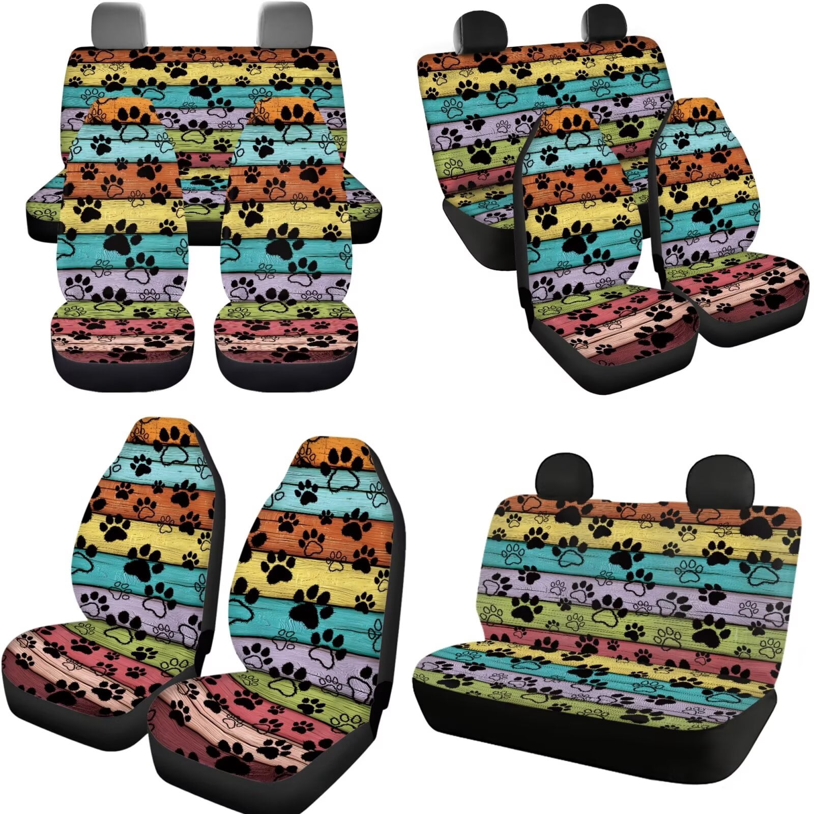 Garronmavis Car Seat Cover Full Set of 11pcs with Headrest Protector Lanyards Key Chain Cup Pad Gear Shift Knob & Handbrake Sleeve Automotive Seat Cover Accessories Colorful Plank Dog Paws
