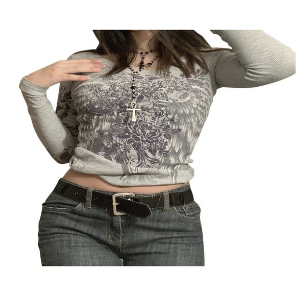 Vintage Printed Y2K Graphic T Shirts Women 2000s Aesthetic Kawaii Clothes Autumn Tees Tops Spring Autumn Knitted Shirt Gray M