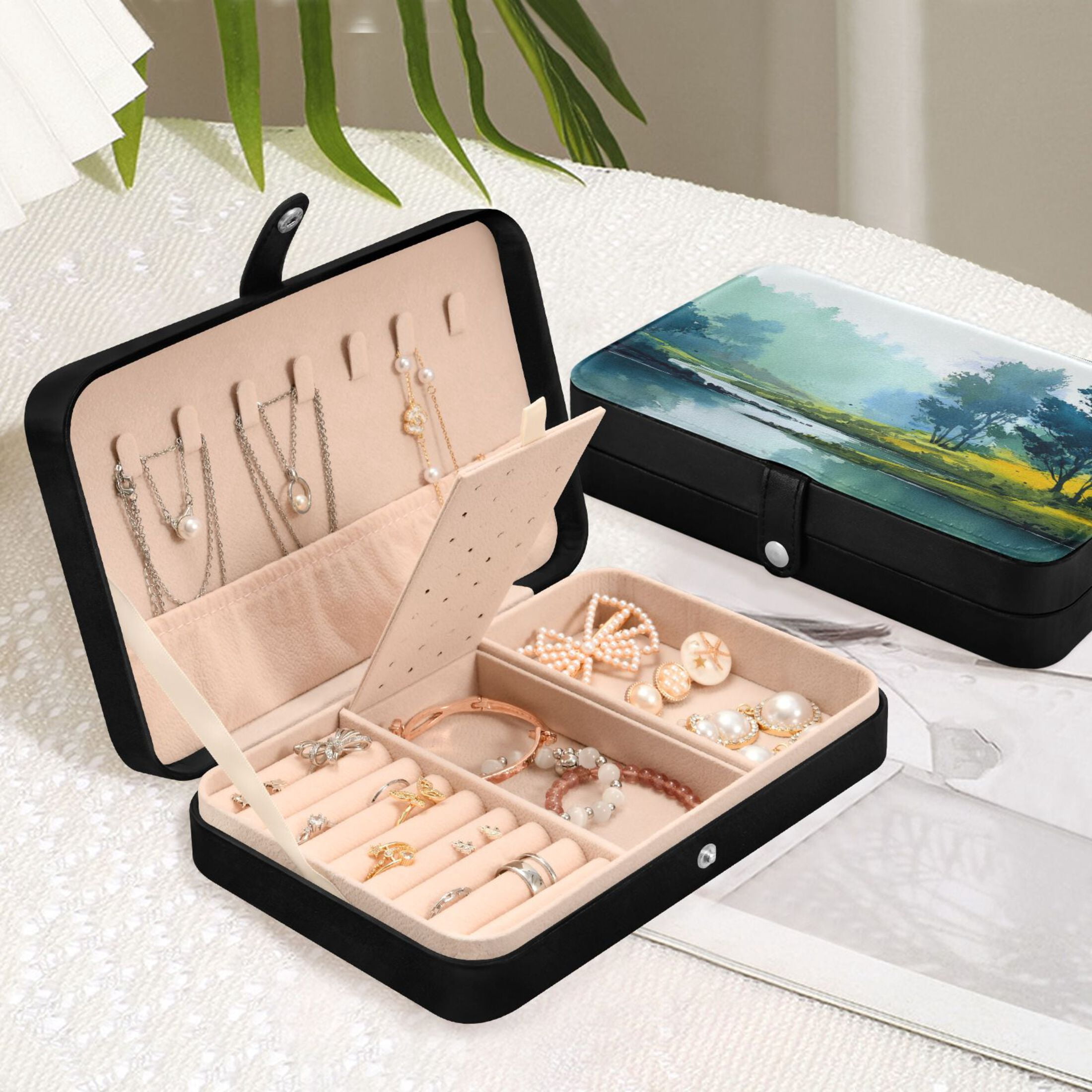 Leather Jewelry Box Rectangular 8.27x5.5x1.78In Travel Jewelry Storage Earrings Necklace Bracelet Watch Brooch Storage Watercolor Lake