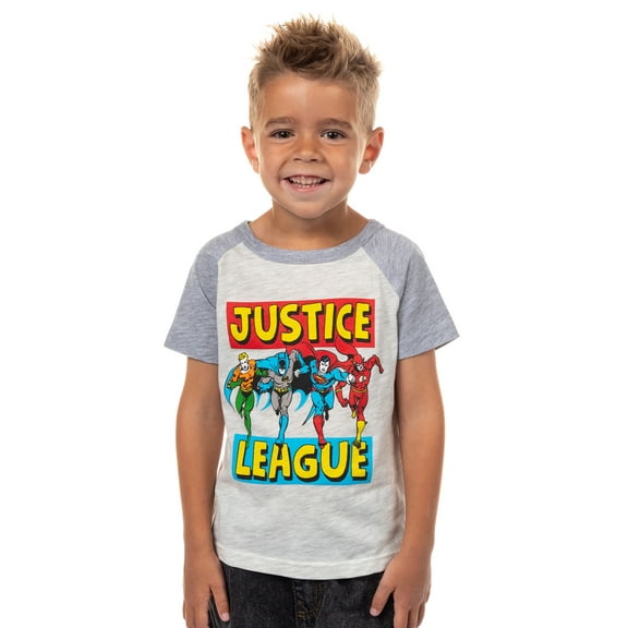 DC Comics Boys' Justice League Superhero Lineup Collectible Raglan Kids Youth Graphic T-Shirt