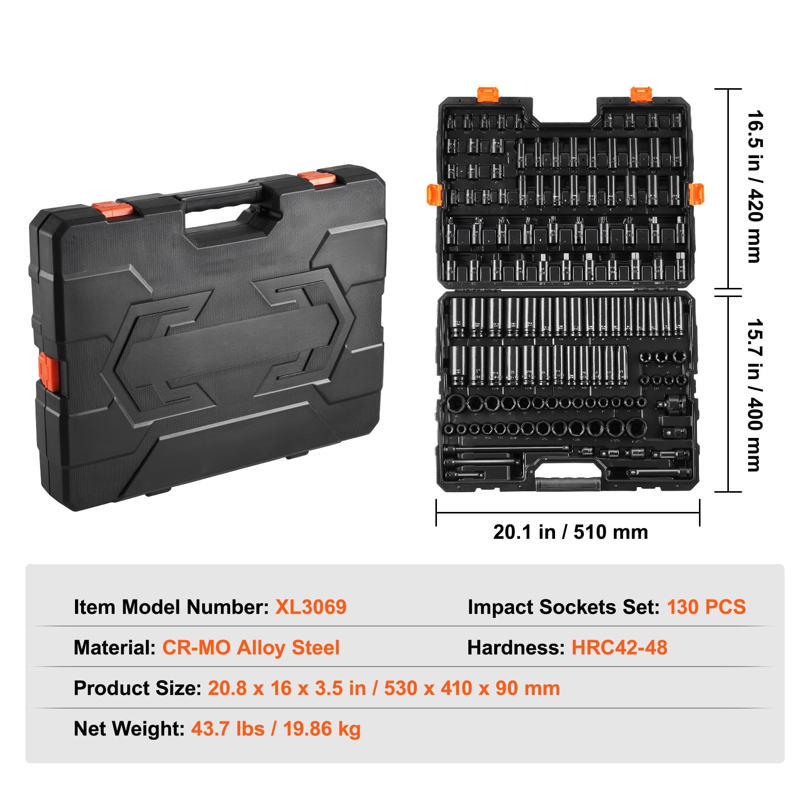 KFFKFF 130-Piece Impact Socket Set - 3/8" & 1/2" SAE & Metric Sizes - Durable Cr-Mo Steel for Vehicle Maintenance - Clear Size Markings - Comes with Convenient Storage Case