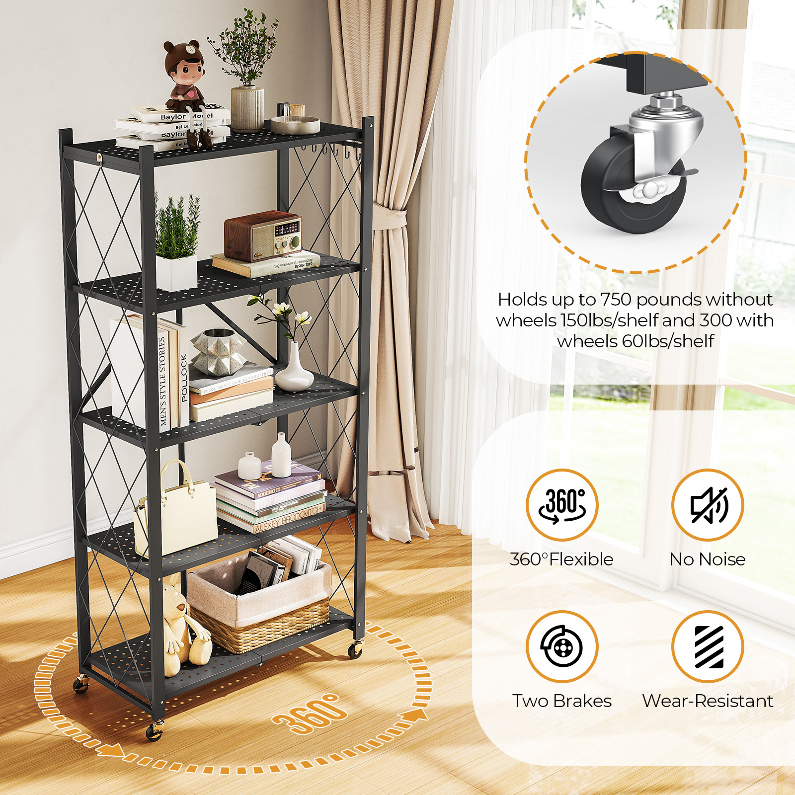 Vebreda 5-Tier Foldable Metal Storage Shelf with Wheels, No-Assembly Collapsible Shelving Unit, Heavy-Duty Rolling Organizer Rack