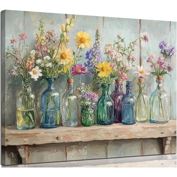 Retro Farmhouse Wildflowers Canvas Wall Art with Colorful Glass Bottles Design Framed Artwork Prints Wall Decor for Living Room Bedroom Bathroom Home Decoration