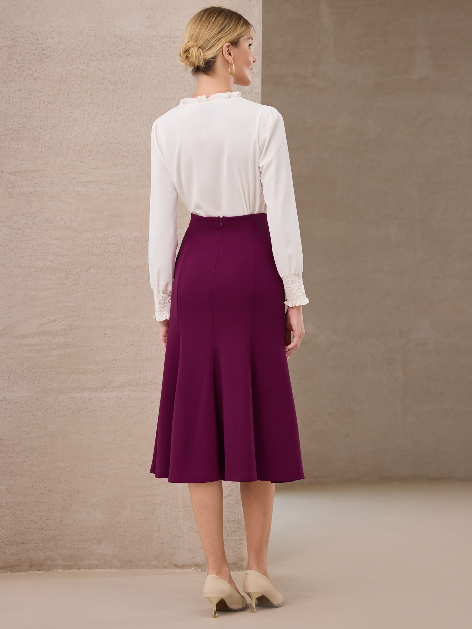 DARING DIVA Women's High Elastic Waist Fishtails Midi Skirts for Work S Purple