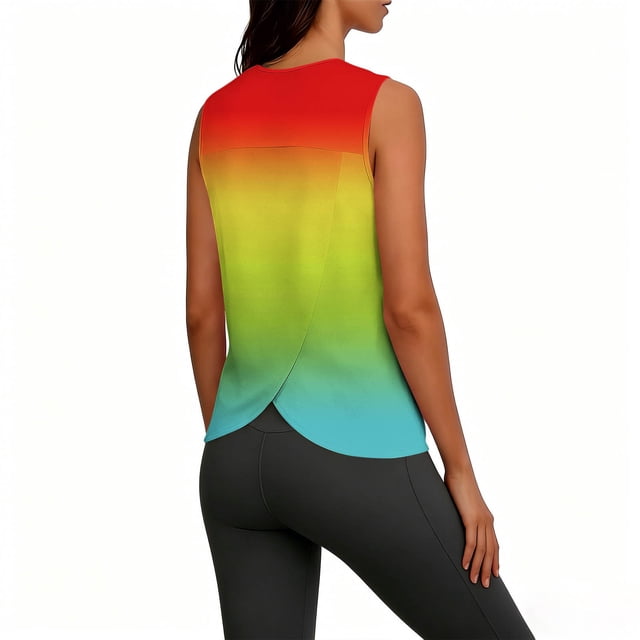 Uootdi Women's Activewear Gradient Color Back Split Sleeveless Solid Tops Gym Training Style Soft Stretchy Slim Fit Shirts Gift