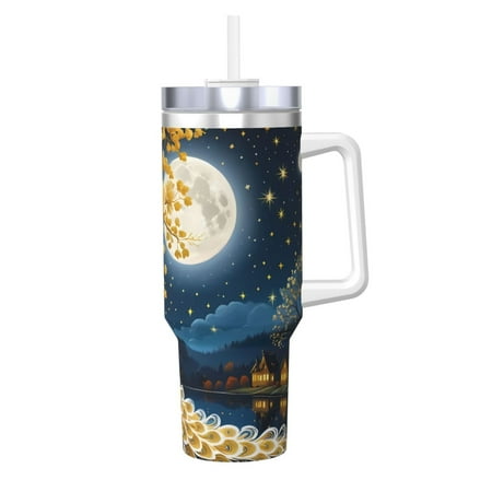 

Fuzoiu Moonlit Golden Tree Peacock Print 40OZ Ice Bully Stainless Steel Insulated Cup with Handle and Straw - Perfect for Travel and Sports